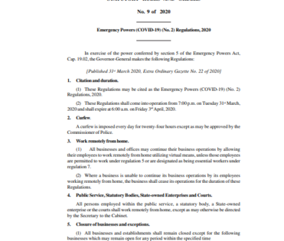 Saint Christopher and Nevis Statutory Rules and Orders No. 9 of 2020 –Emergency Powers (COVID-19) (No.2), 2020