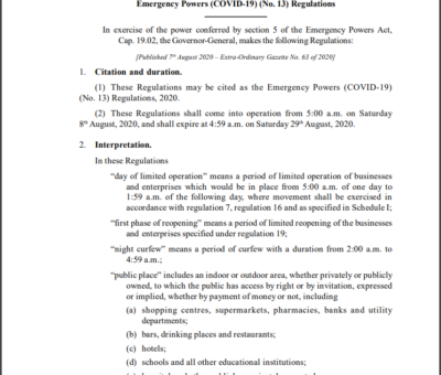 SAINT CHRISTOPHER AND NEVIS STATUTORY RULES AND ORDERS No. 38 of 2020 Emergency Powers (COVID-19) (No. 13) Regulations