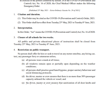 SAINT CHRISTOPHER AND NEVIS STATUTORY RULES AND ORDERS No. 14 of 2021  COVID-19 (Prevention and Control) Order, 2021